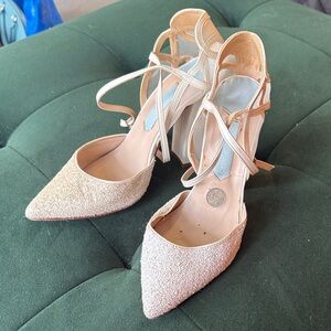 Charlotte Mills Ivory Sparkle Ankle-Tie Heels Wedding Wedge Heel